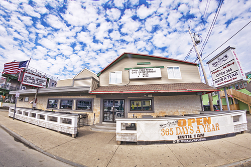 Wally's restaurant exterior with signage indicating "OPEN 365 DAYS A YEAR UNTIL 1 AM" and an American flag, showcasing a welcoming atmosphere for diners.