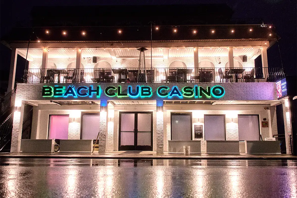 LED backlit channel letters for Beach Club Casino with dramatic halo lighting effect at night