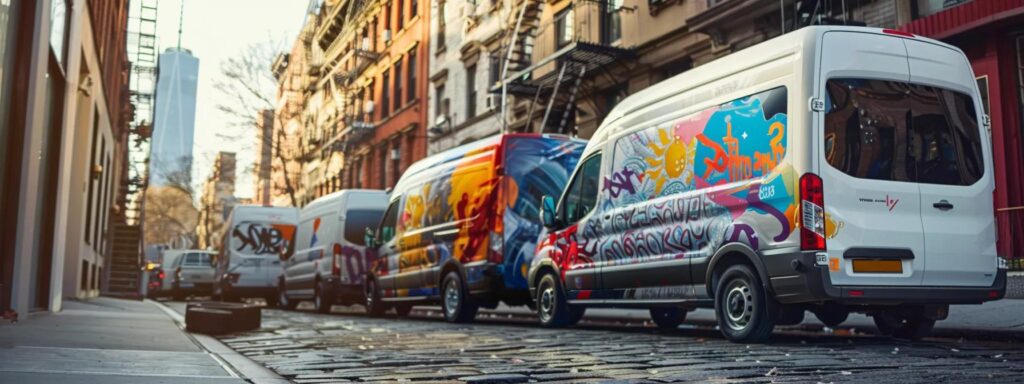 Custom vehicle lettering and vibrant decals on parked vans in an urban setting, showcasing unique designs for branding and advertising.