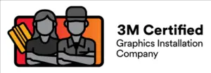 3M Certified logo featuring two figures representing a graphics installation company, emphasizing professional signage services and expertise.