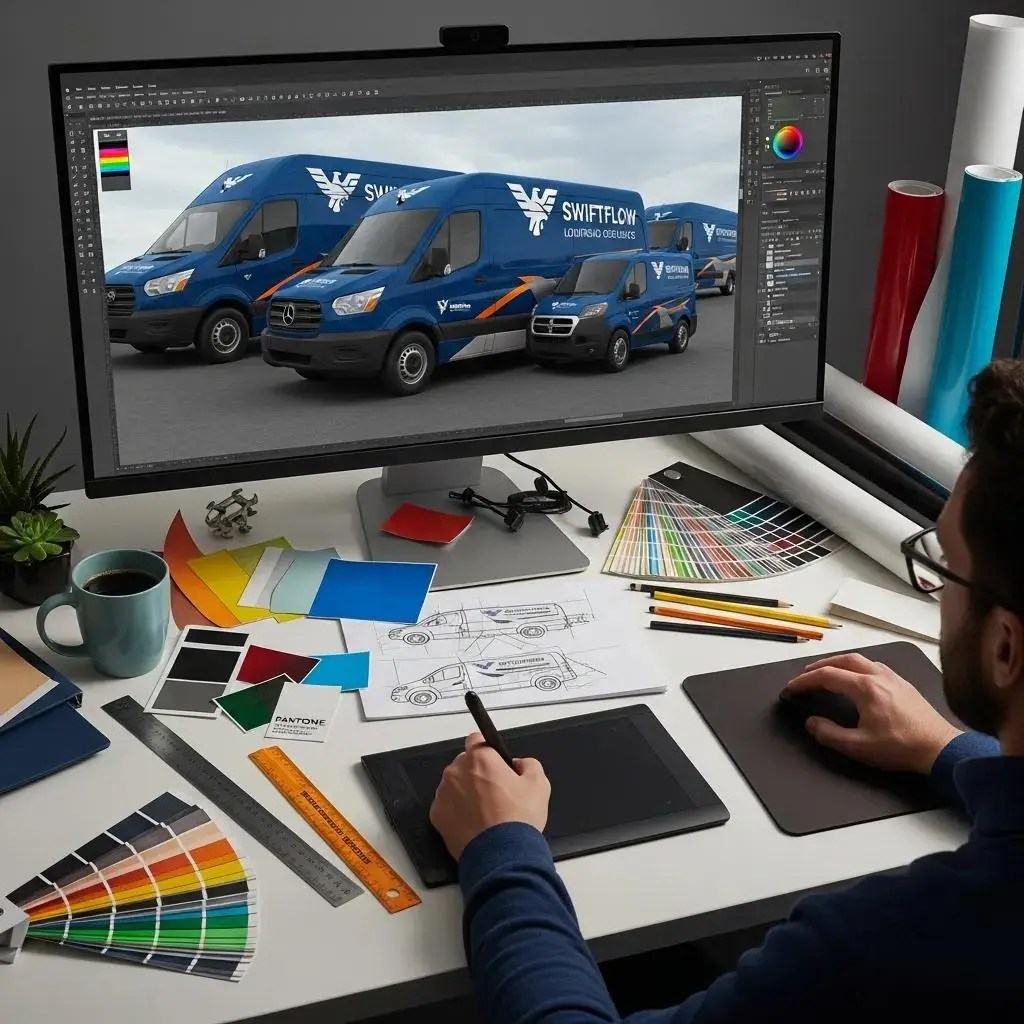 Designer creating a mock-up for a custom fleet vehicle wrap featuring "SWIFTFLOW" branding in a creative workspace, surrounded by color swatches, design tools, and sketches.