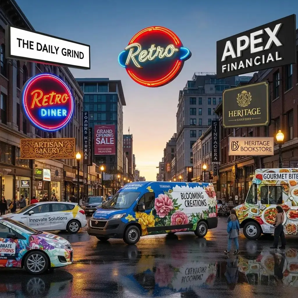 Diverse custom business signs in an urban setting highlighting branding and visibility