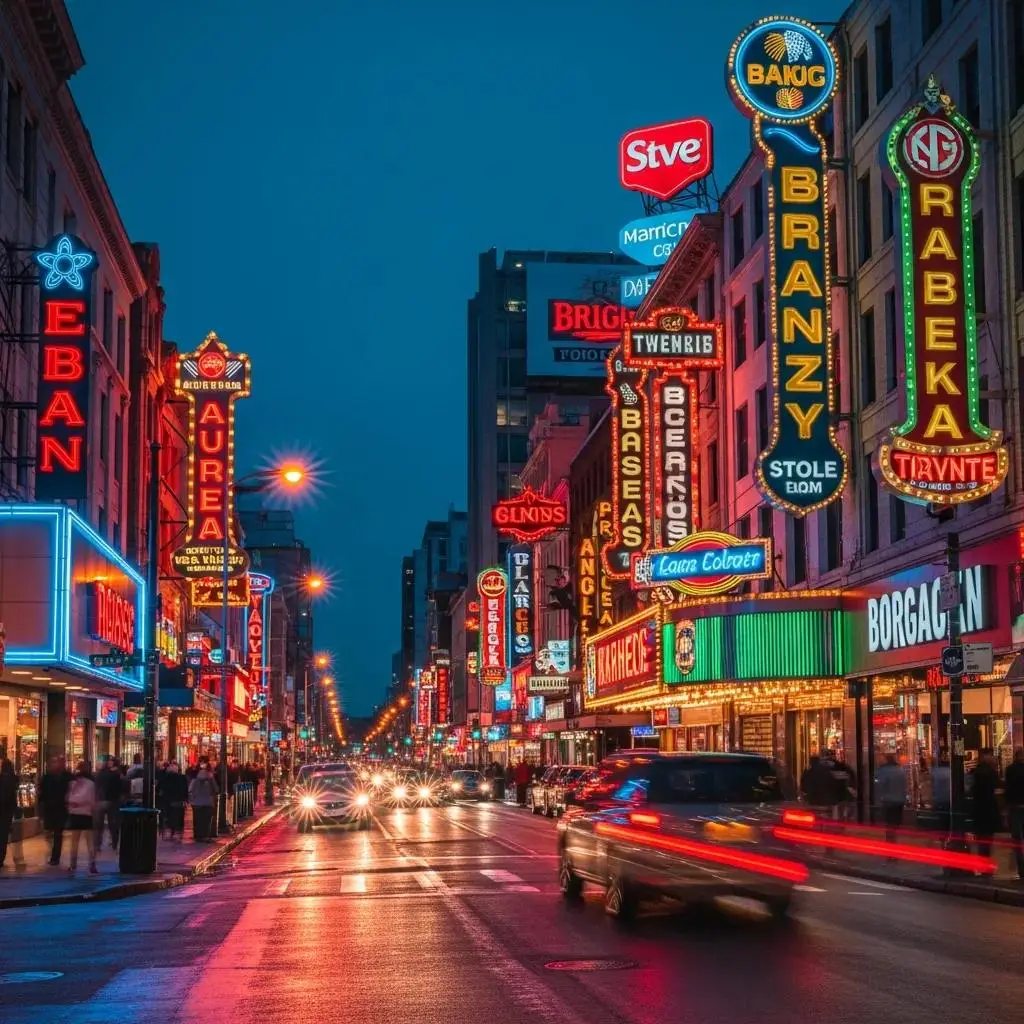 Lit illuminated and neon signs glowing along a vibrant evening street
