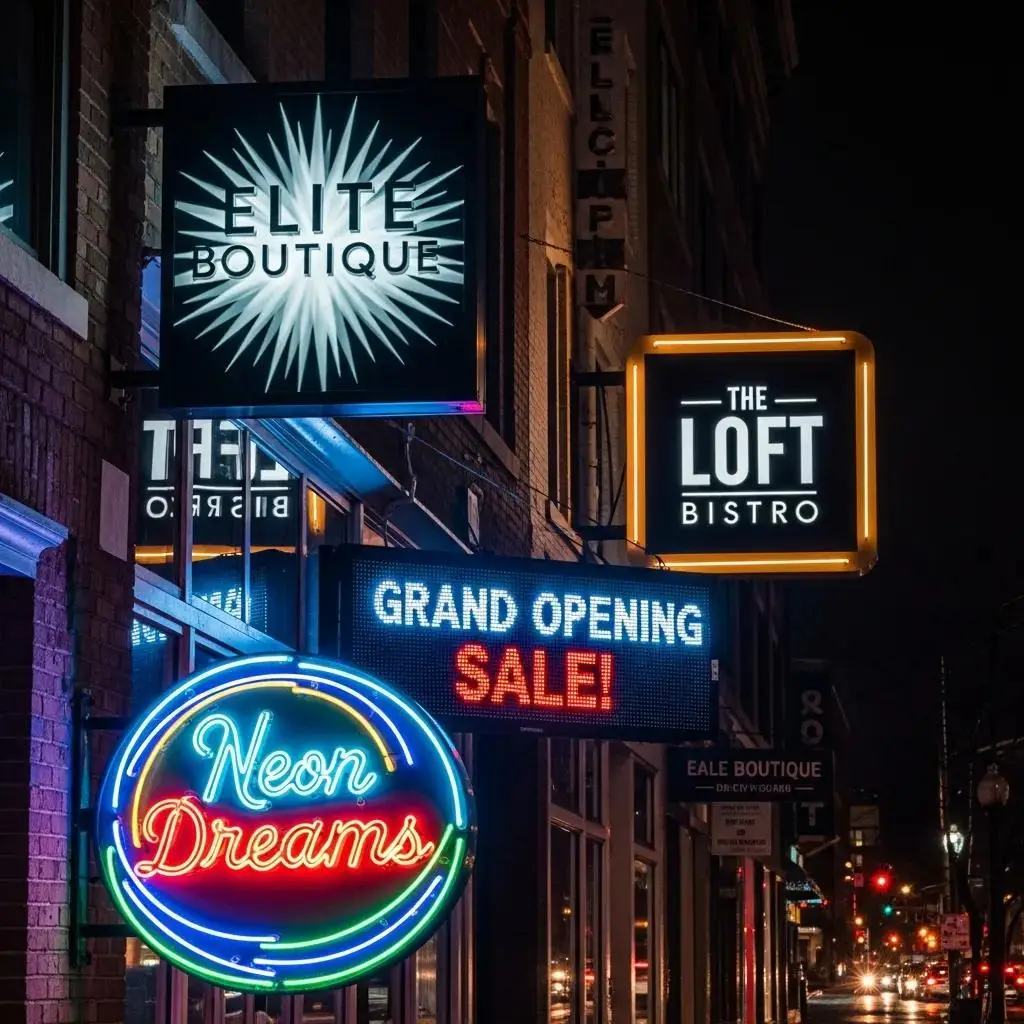 Illuminated storefront signs including "Elite Boutique," "The Loft Bistro," and "Neon Dreams" in a nighttime setting, showcasing vibrant colors and promotional text for a grand opening sale.