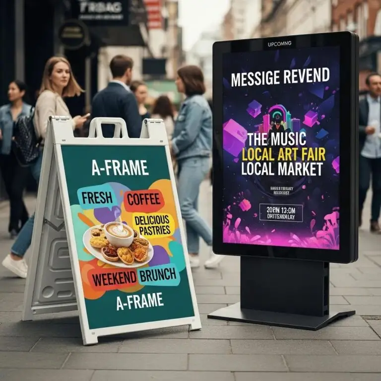 A-frame sign advertising fresh coffee and pastries alongside a digital message board promoting a local art fair in a busy urban environment.