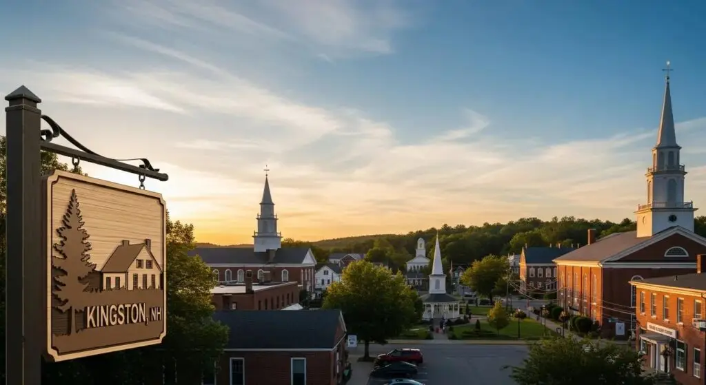 Kingston, NH town sign with historic buildings and churches at sunset, representing local culture and community in custom signage context.