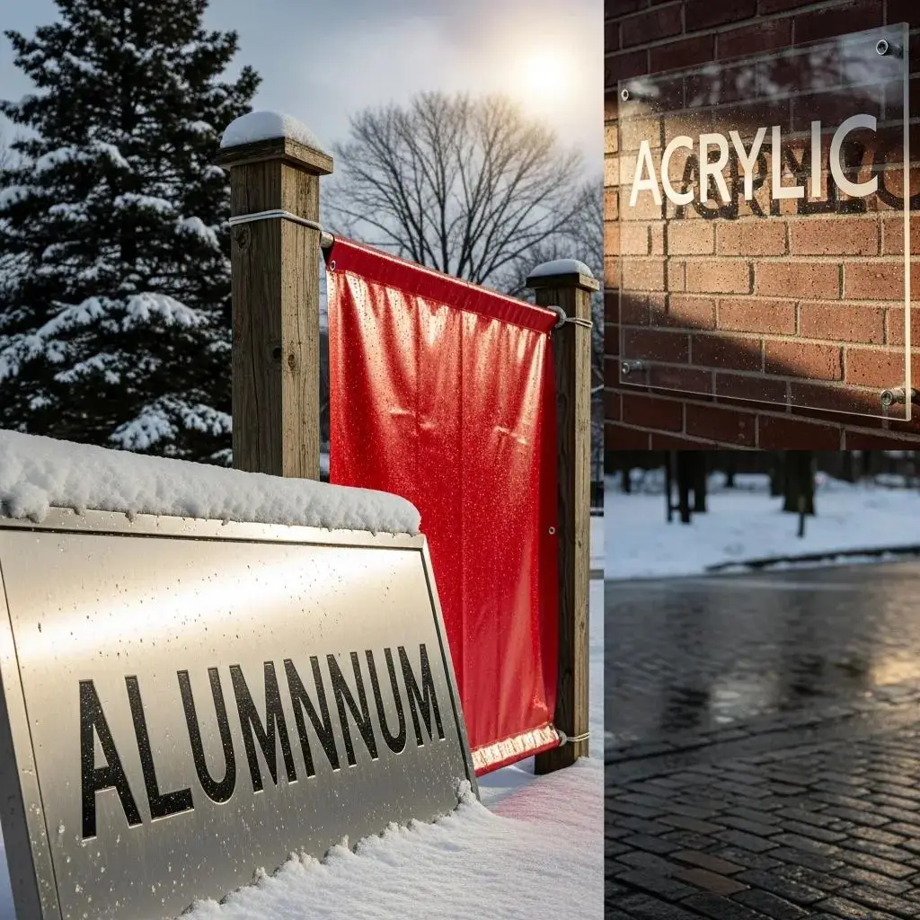 Durable aluminum and acrylic sign materials displayed in snowy New England weather, showcasing options for effective outdoor signage solutions.