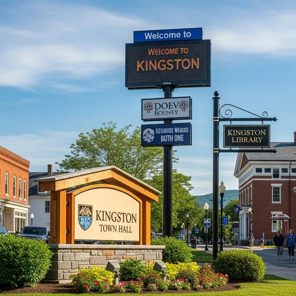 Welcome sign for Kingston, NH, featuring digital display, town hall monument, and nearby business signs, illustrating local branding and community identity.