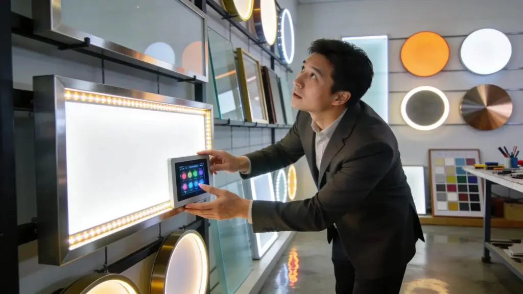Business owner exploring illuminated sign options in a showroom, focusing on materials and technology